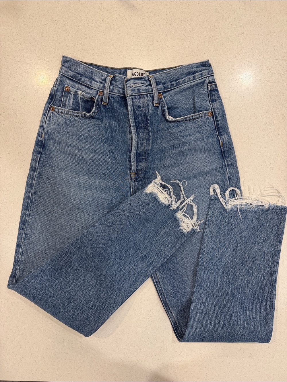 Agolde Straight Leg Jeans in Medium Blue with Frayed Hem